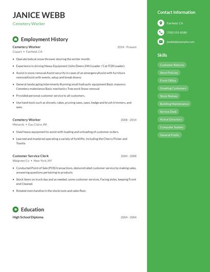 Cemetery Worker Resume