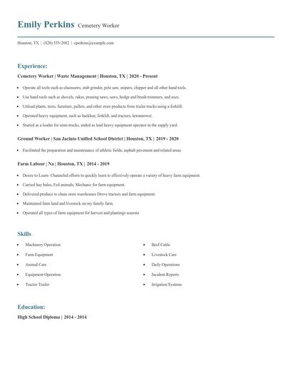 Cemetery Worker Resume