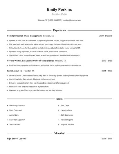 Cemetery Worker Resume