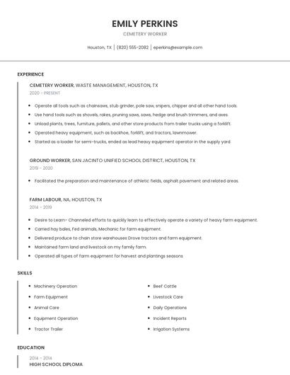 Cemetery Worker Resume