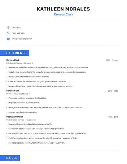 Census Clerk Resume