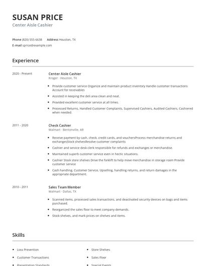 Center Aisle Cashier Resume