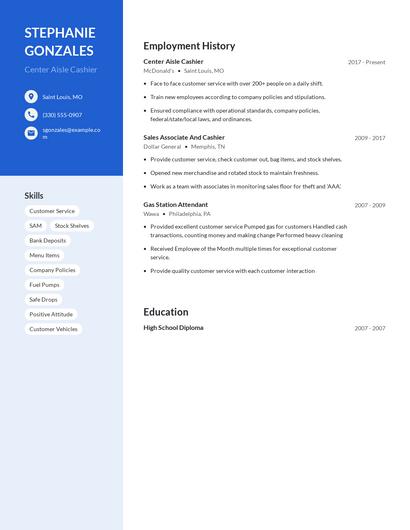 Center Aisle Cashier Resume