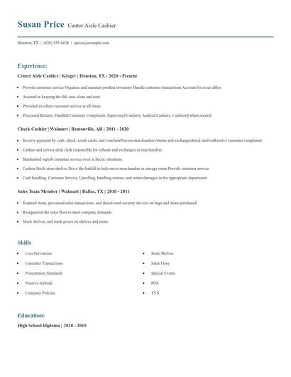 Center Aisle Cashier Resume
