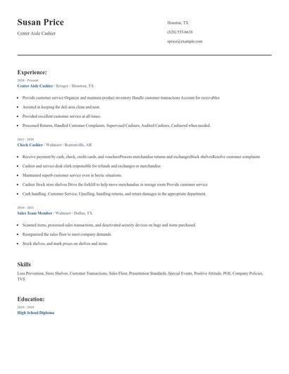 Center Aisle Cashier Resume