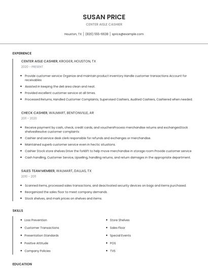 Center Aisle Cashier Resume
