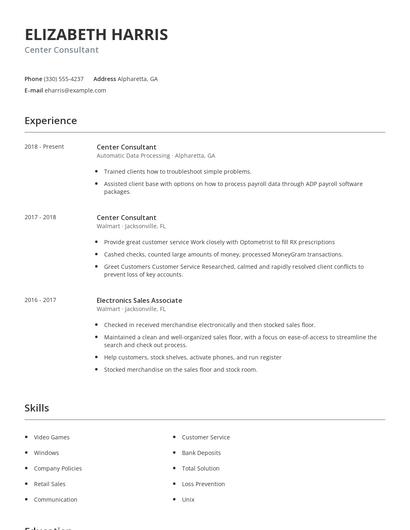 Center Consultant Resume