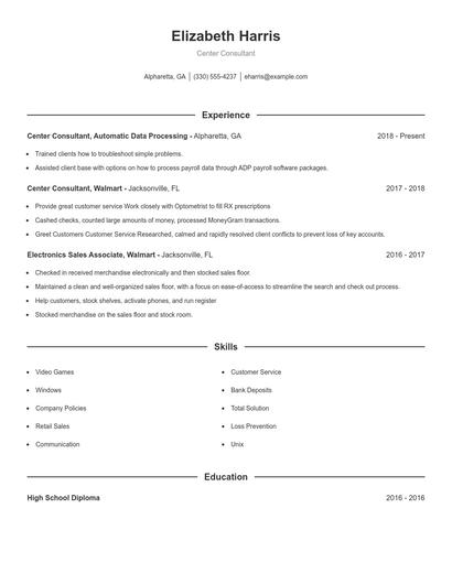 Center Consultant Resume