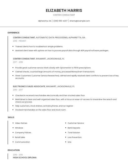 Center Consultant Resume