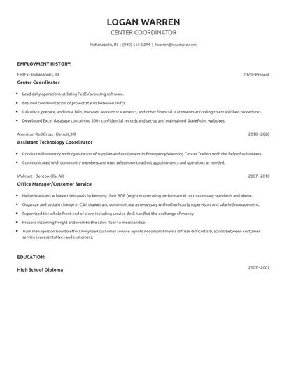 Center Coordinator Resume