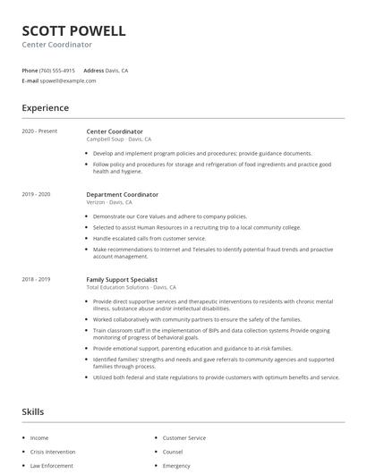Center Coordinator Resume