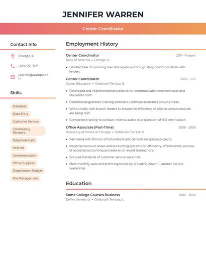 Center Coordinator Resume