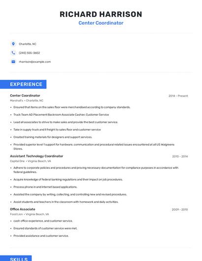 Center Coordinator Resume