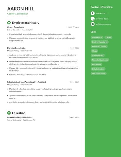 Center Coordinator Resume