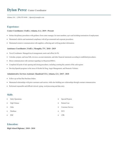 Center Coordinator Resume