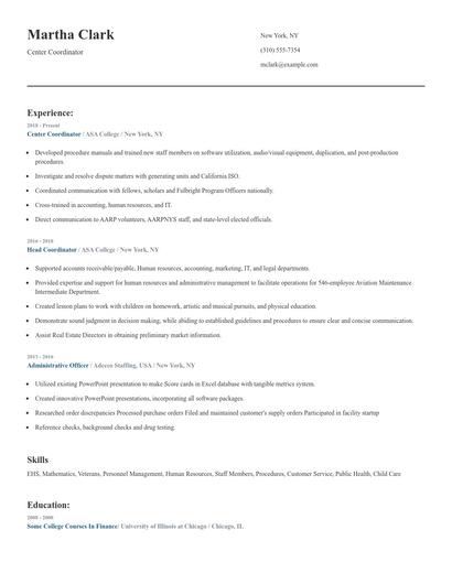 Center Coordinator Resume