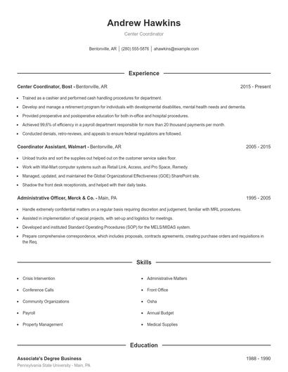 Center Coordinator Resume