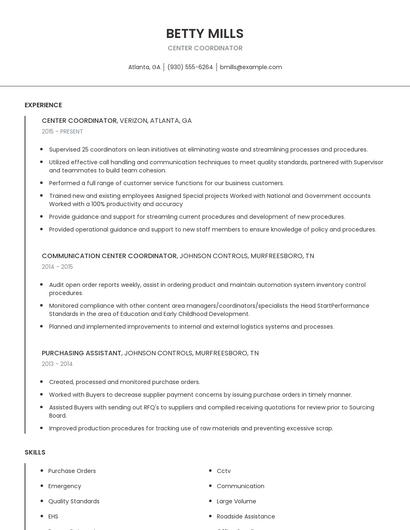 Center Coordinator Resume