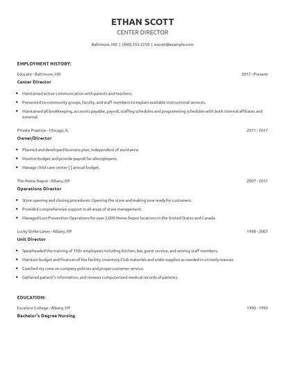 Center Director Resume