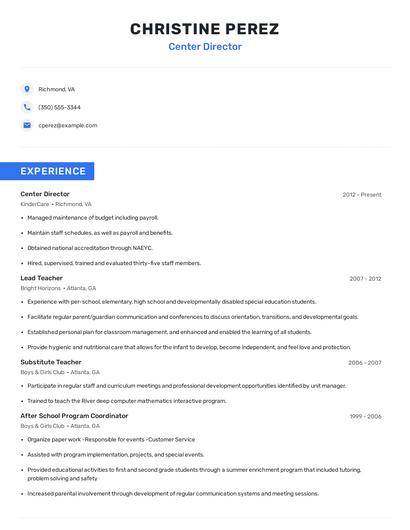 Center Director Resume