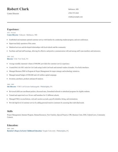 Center Director Resume