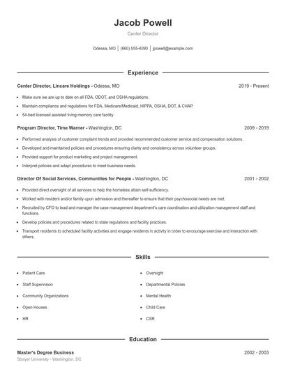 Center Director Resume