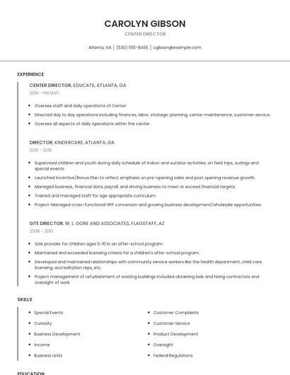 Center Director Resume