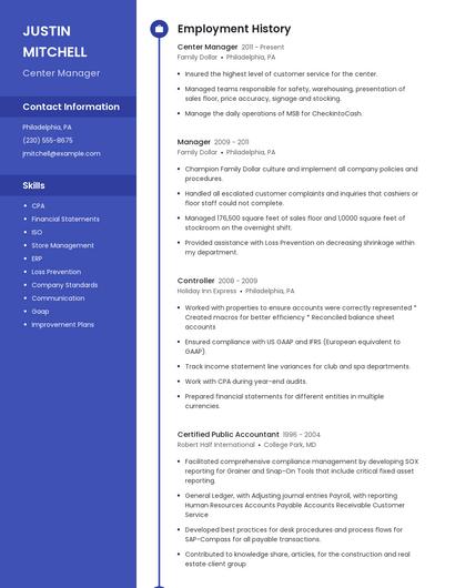 Center Manager Resume