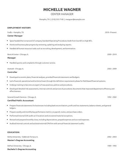 Center Manager Resume
