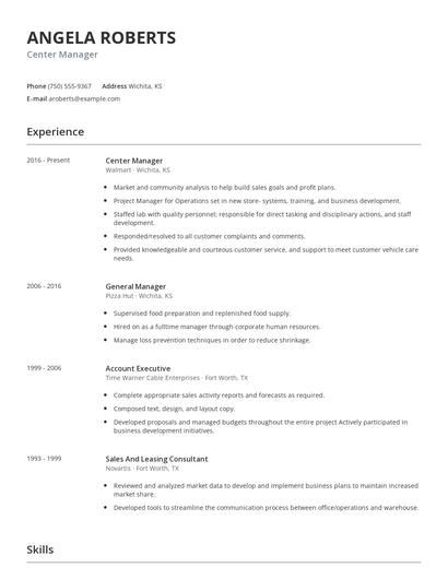 Center Manager Resume