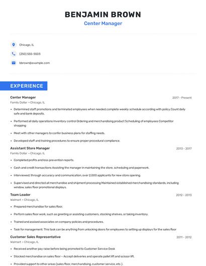 Center Manager Resume