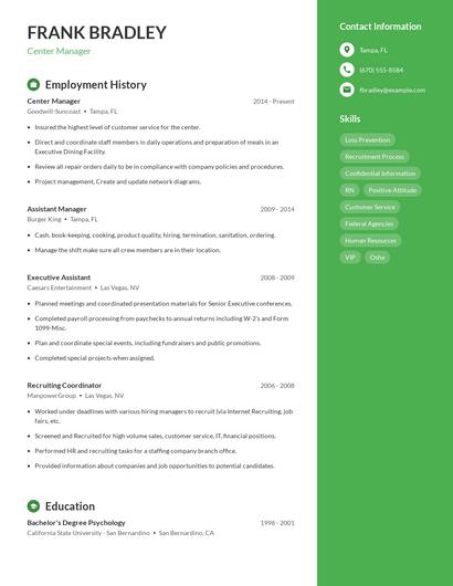 Center Manager Resume