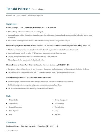 Center Manager Resume