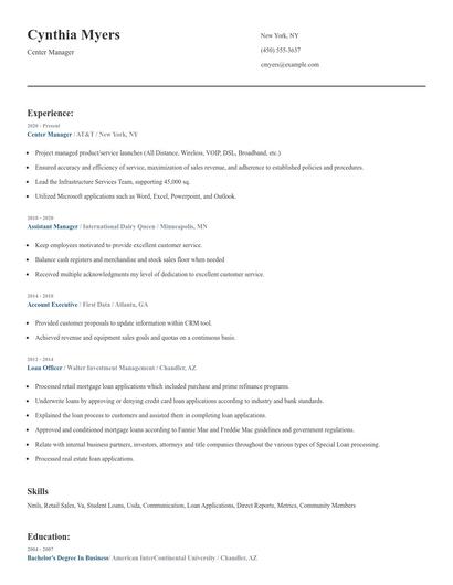 Center Manager Resume