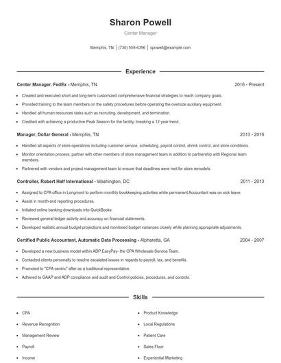 Center Manager Resume