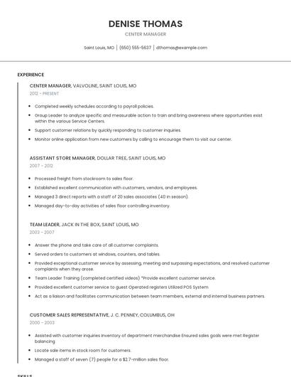 Center Manager Resume