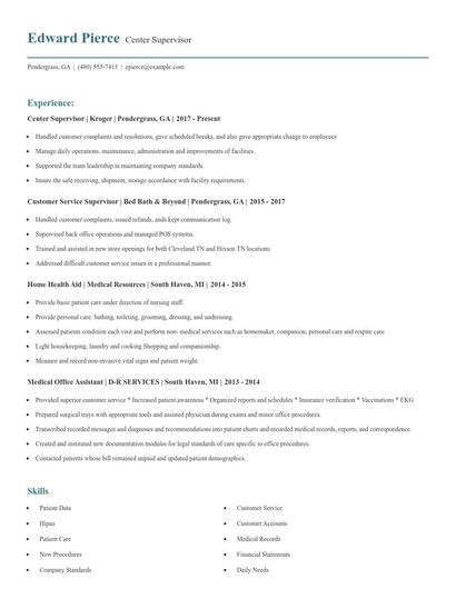 Center Supervisor Resume