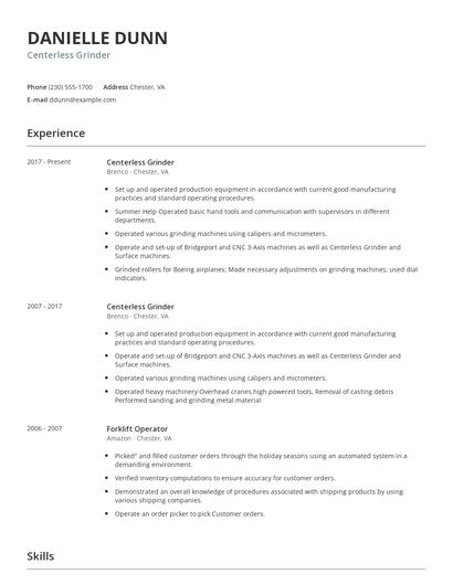 Centerless Grinder Resume