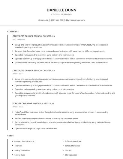 Centerless Grinder Resume