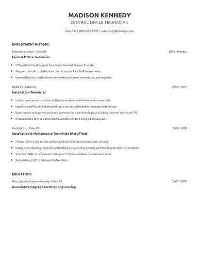 Central Office Technician Resume