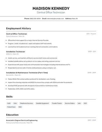 Central Office Technician Resume