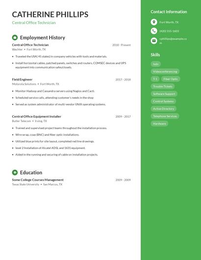 Central Office Technician Resume