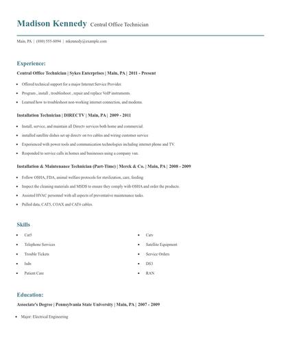 Central Office Technician Resume