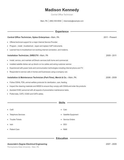 Central Office Technician Resume