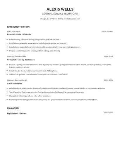 Central Service Technician Resume