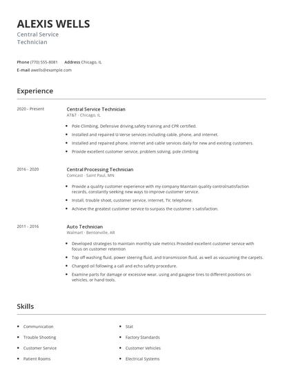 Central Service Technician Resume