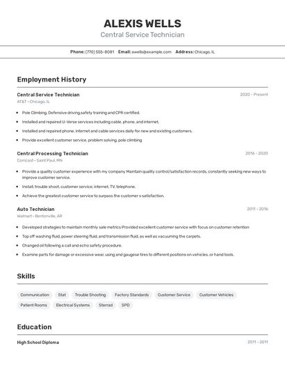 Central Service Technician Resume