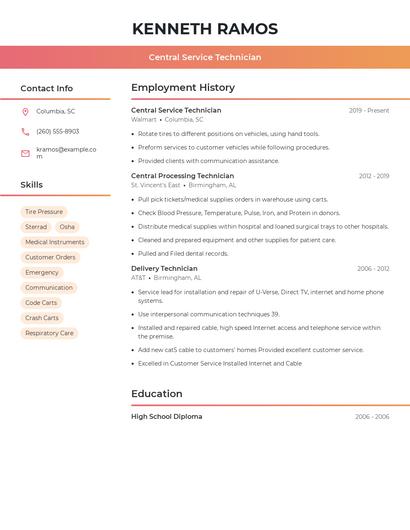Central Service Technician Resume