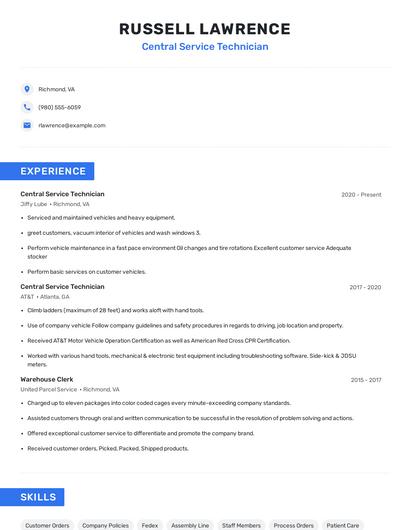 Central Service Technician Resume
