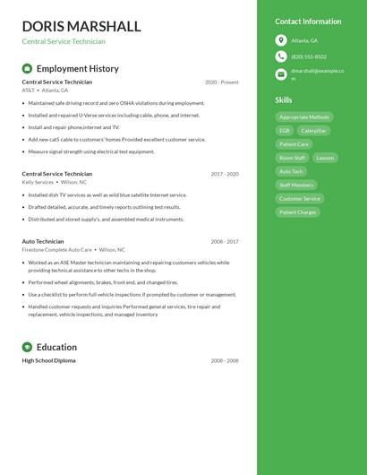 Central Service Technician Resume